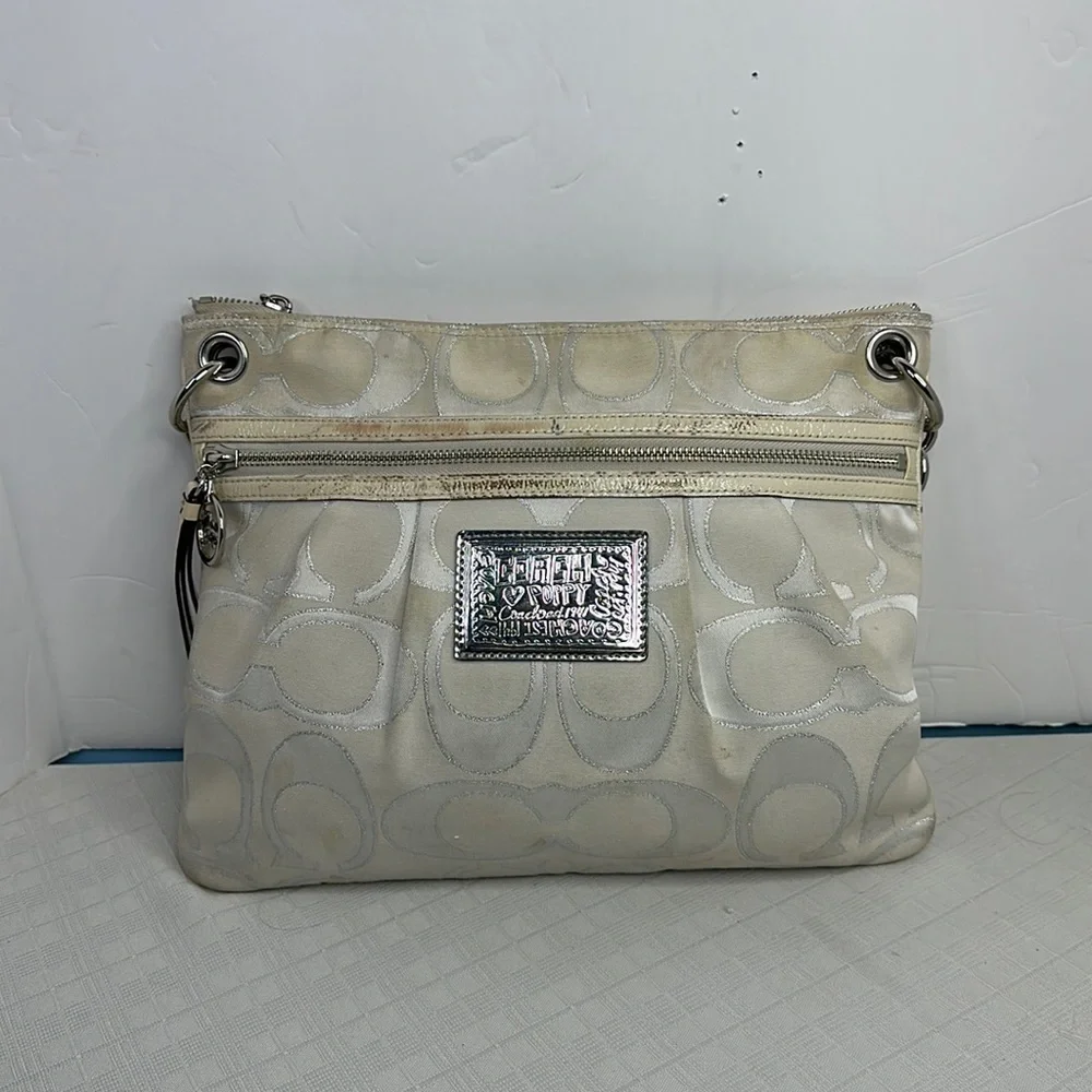 Coach Poppy medium satchel hobo Handbag M1093-17047 gray canvas metallic Accents